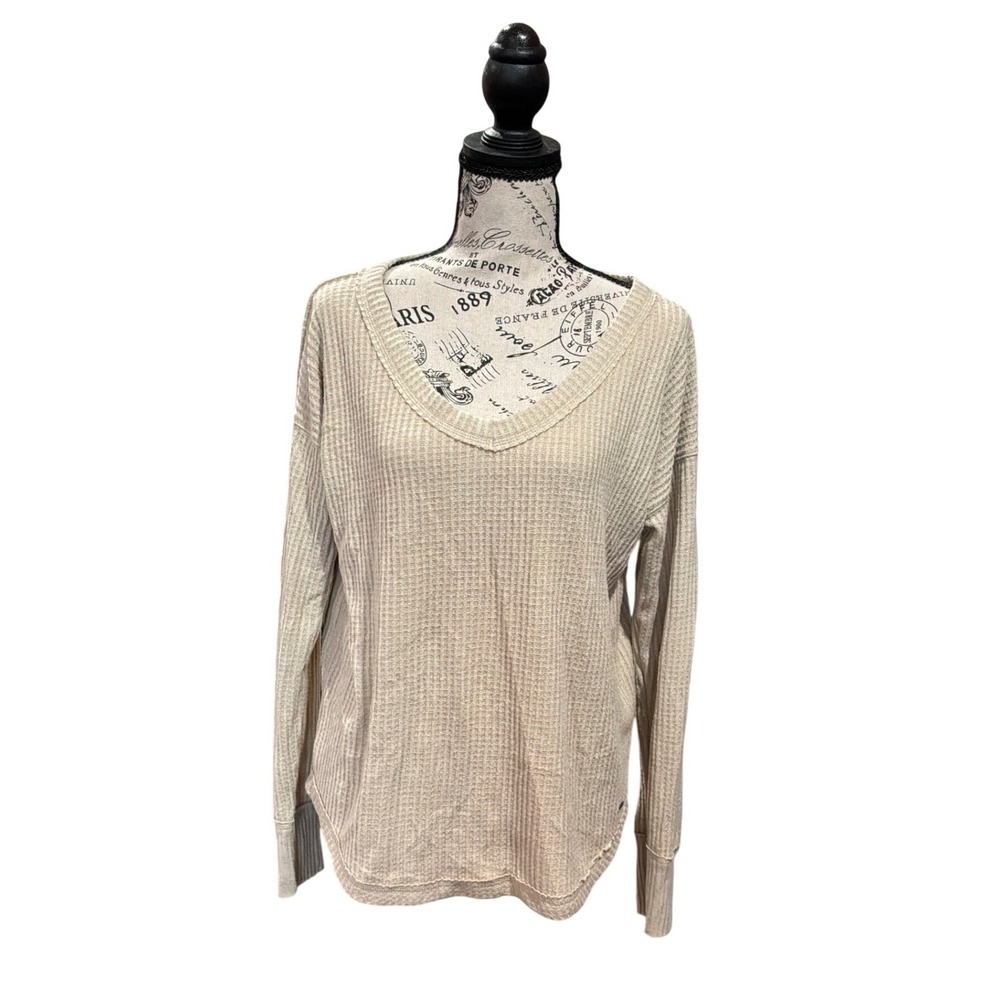 Hollister Womens Waffle Knit Thermal Top Beige Tan V-Neck Long Sleeve Small‎